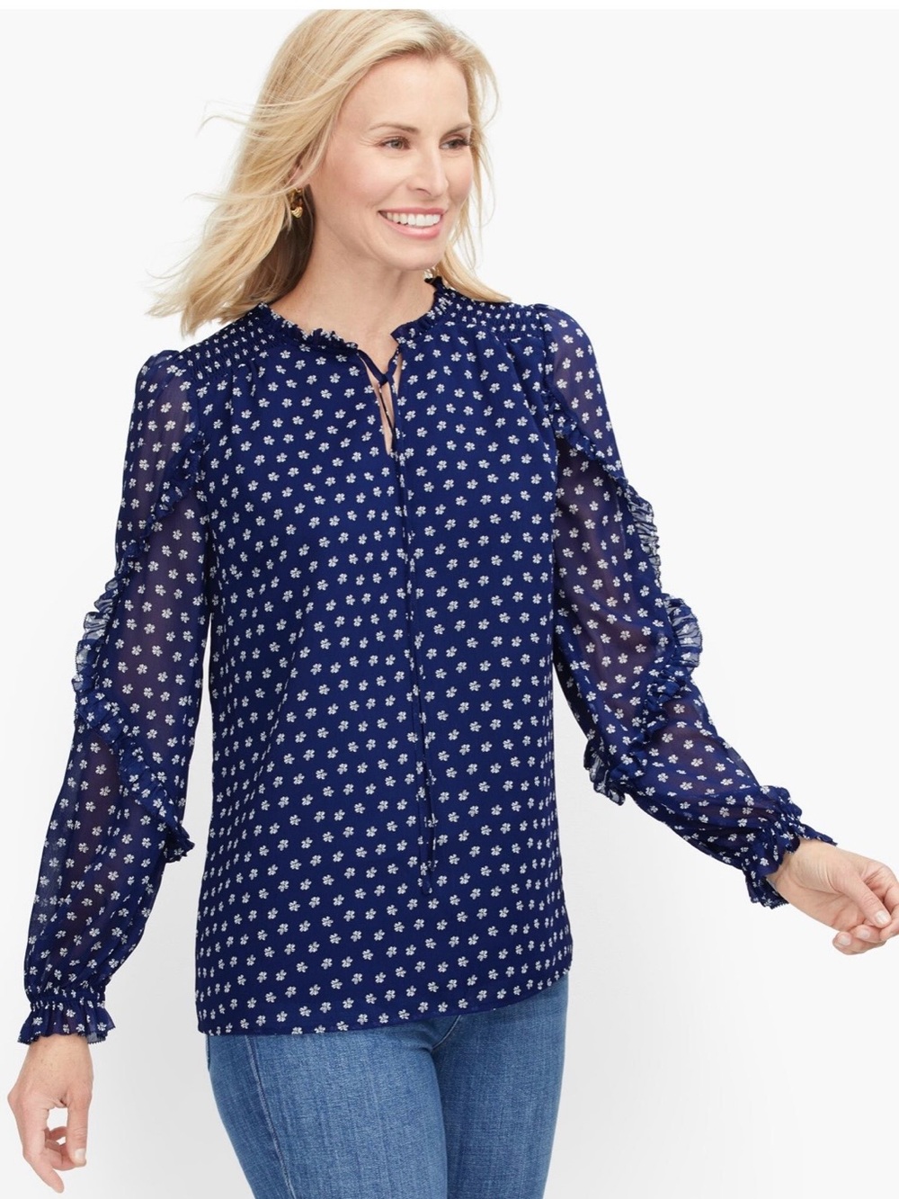 Talbots Navy Floral Sheer-Sleeve Tie-Neck Blouse